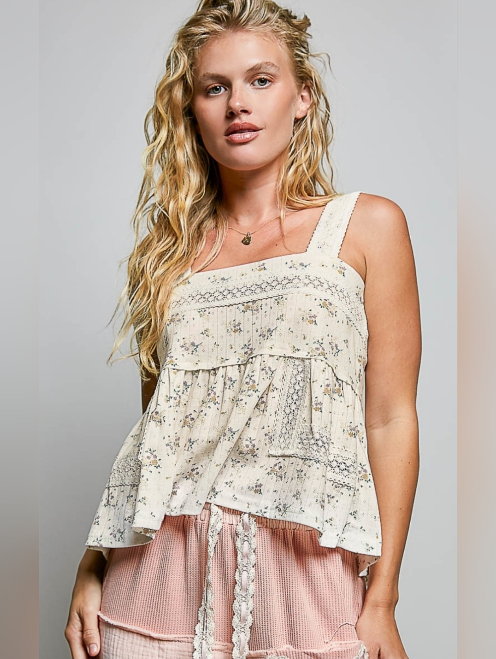 POL Cream Floral Lace-Trim Tank Top - Picture 3 of 6